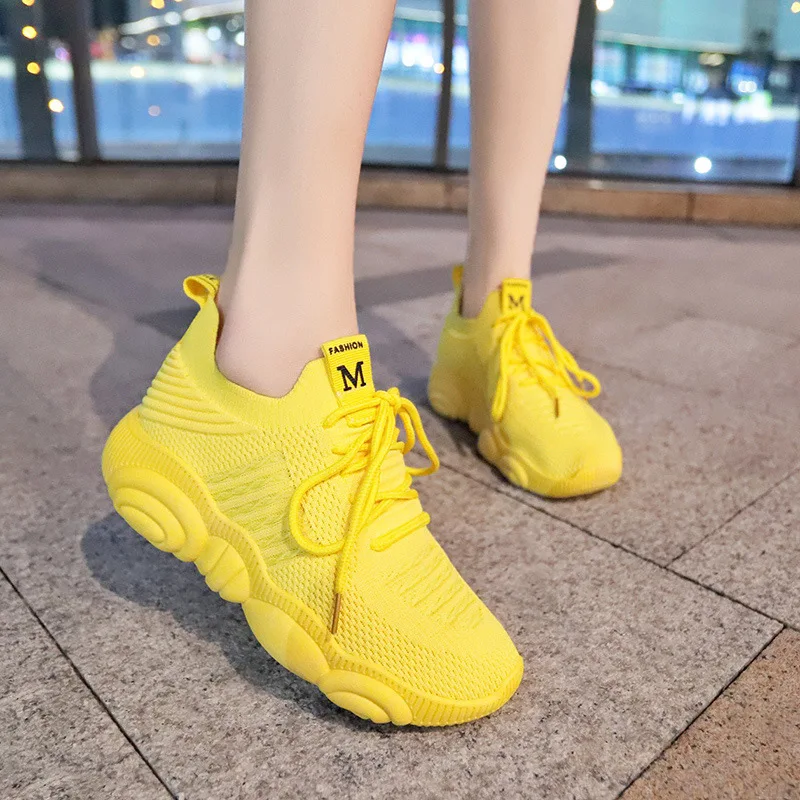 Women'S Yellow Fashion Sneakers - Baskets jaunes respirantes à plateforme pour