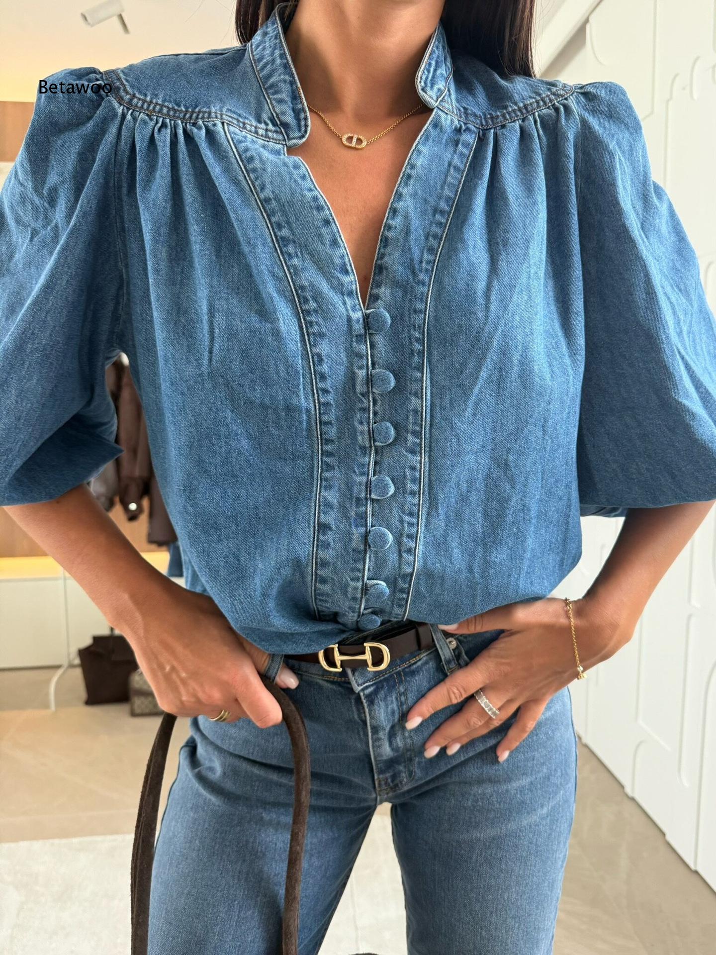 Chemisier en jean pour femme à - Puff Sleeve Blouse avis et prix